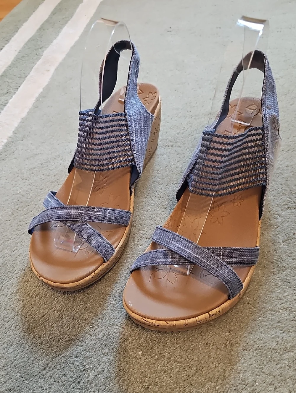 Skechers Denim Blue Cork Wedge Slingback Sandals